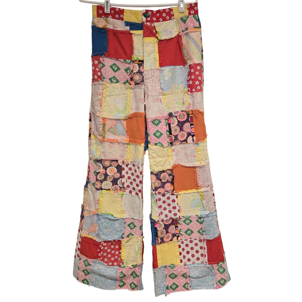 Vintage Patchwork Quilt Cropped Pants High Rise Boho Flare Artisan Small S - Picture 3 of 8